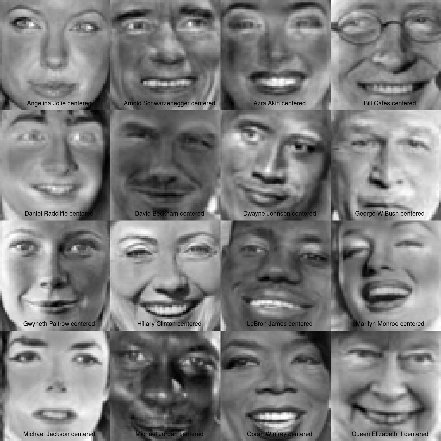 Each face centered (i.e., with the mean face subtracted).